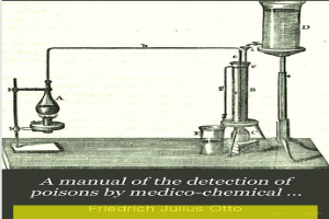 Ein Plakat mit der Aufschrift "Ein Handbuch zur Detektion von Giften durch Medizinalchemie" mit einem zentralen Bild eines mit Flüssigkeit gefüllten Kolben, umgeben von anderen Kolben und Reagenzgläsern.