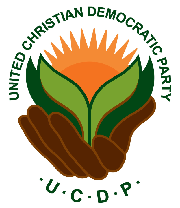 Logo der Vereinigten Christdemokraten (UCDP) mit einer Hand, die eine leuchtend gelbe Blume mit einem grünen Stiel und Blättern hält, vor einem weißen Hintergrund mit einem blauen und gelben Kreis in der Mitte, und dem Text "UCDP" in fetter schwarzer Schrift darunter.