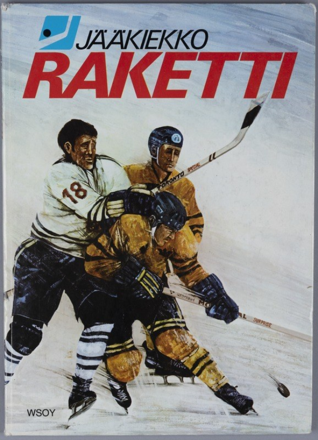Buchumschlag mit dem Titel "Jääkiekko Raketti", der drei Eishockeyspieler zeigt, die jeweils einen Hockeystock halten.