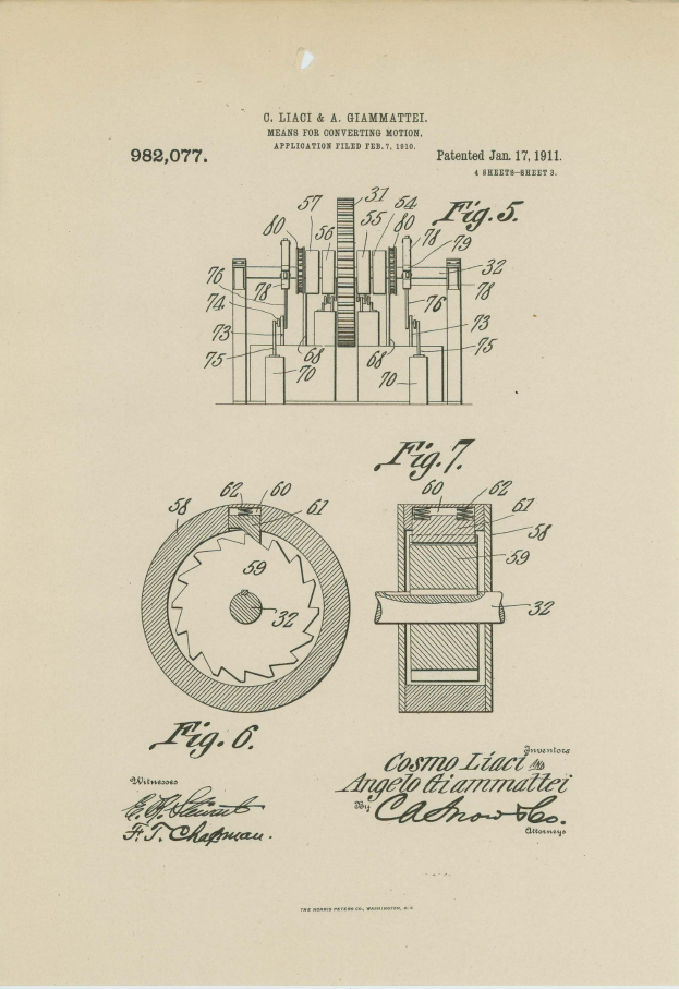 Ein detailliertes mechanisches Maschinen-Diagramm mit Zahnrädern und Zylindern, begleitet von dem Text "Cosmo Liact Patent 982,077" auf einer Buchseite.