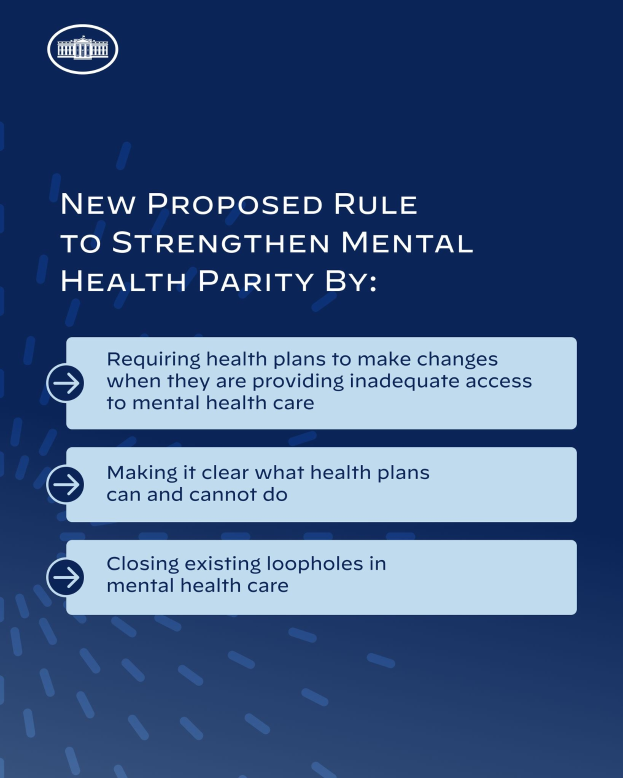 Ein blauer Hintergrund mit weißer Schrift und einem weißen Kreis-Logo mit einer blauen Umrandung, das eine neue vorgeschlagene Regel zur Stärkung der psychischen Gesundheit umreißt.