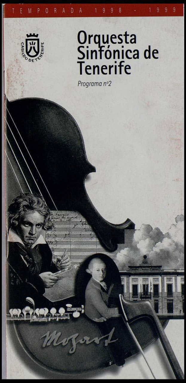 Plakat für das zweite Programm der Sinfonieorchester Teneriffa, das Mozarts Symphonie Nr. 2 D-Moll, Op. 63, mit zwei Geigerinnen im Vordergrund und einem Gebäude im Hintergrund zeigt.