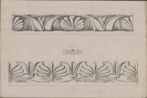 Ein Buch mit einer detaillierten architectural design aus dem 19. Jahrhundert im Art-Nouveau-Stil, begleitet von beschreibendem Text.