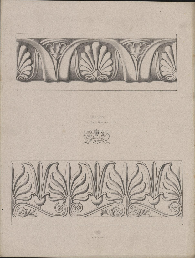 Ein Buch mit einer detaillierten architectural design aus dem 19. Jahrhundert im Art-Nouveau-Stil, begleitet von beschreibendem Text.