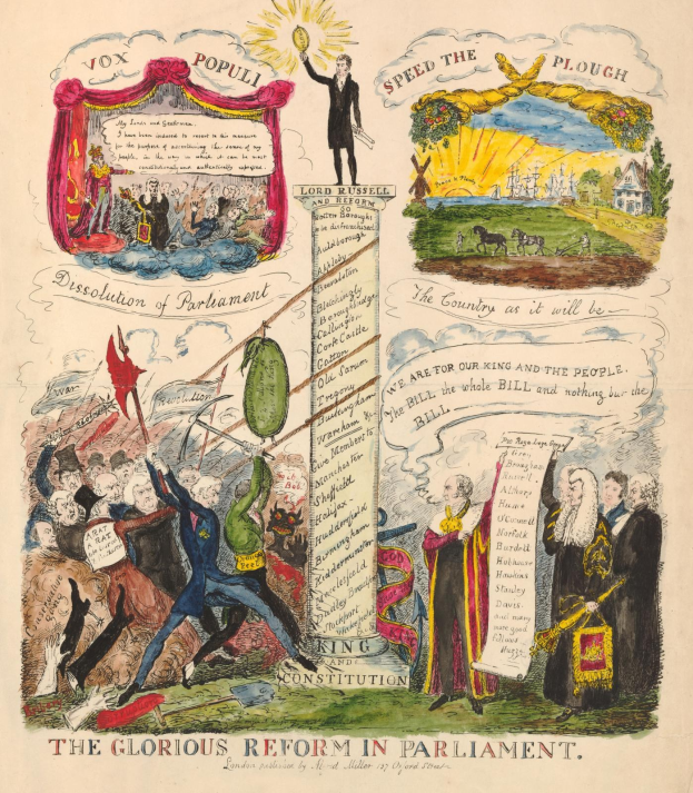 Ein buntes illustriertes Dokument mit der Überschrift "Die glorreichen Reformen im Parlament", das mutige Schriftarten und verschiedene, fröhlich aussehende Menschen enthält, die Hoffnung und Fortschritt symbolisieren.