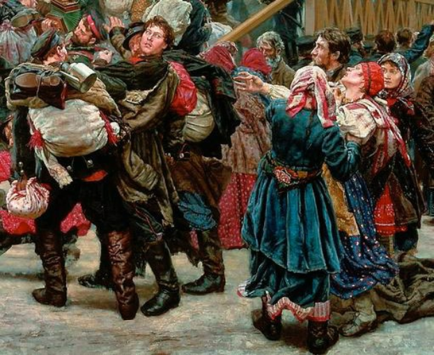 Gemälde, das eine lebhafte Szene von Menschen zeigt, die in traditioneller russischer Kleidung während der russischen Revolution tanzen, wobei einige Gegenstände halten, vor einer Menge und einem hölzernen Haus im Hintergrund.