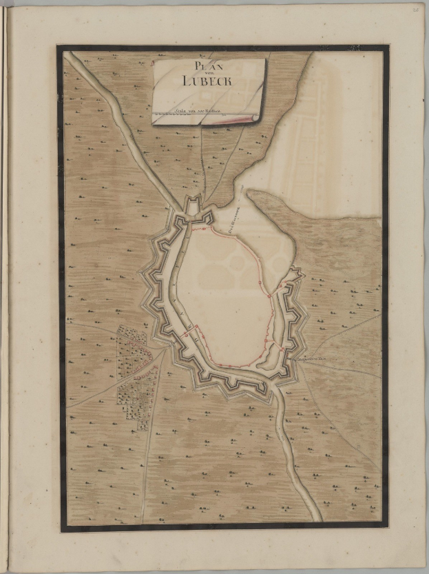 Eine detaillierte Karte der Stadt Lübeck auf dem Umschlag eines alten Buches, das Straßen, Gebäude und Sehenswürdigkeiten mit begleitendem Text zur Geschichte, Bevölkerung und Kultur der Stadt zeigt.