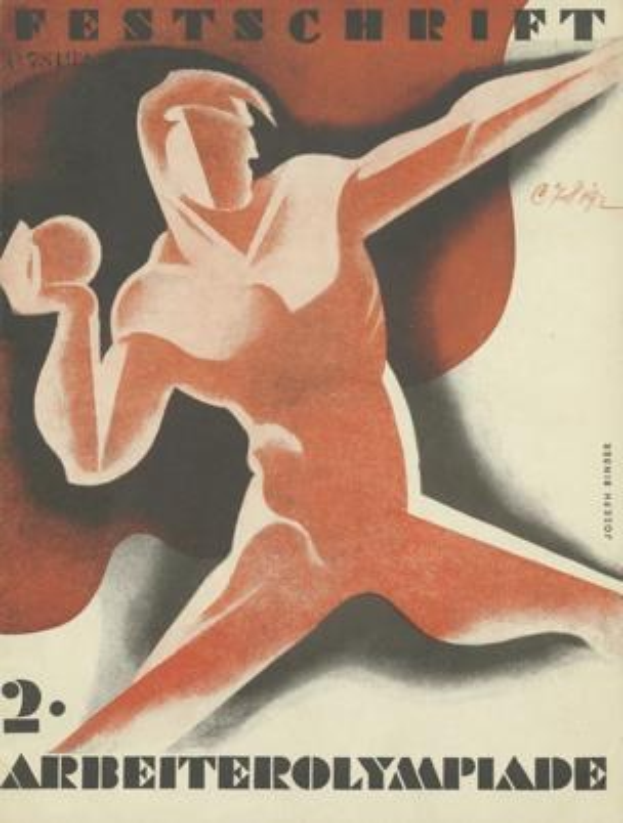 Ein Plakat für die Olympischen Sommerspiele 1932 in Berlin, Deutschland, das eine Person in einem hellgelben Overall mit entschlossener Miene zeigt, umgeben von Text, einschließlich des Wortes 'Festschrift' in fetter, schwarzer Schrift.