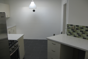 Eine Küchenzeile mit Schränken, einem Ofen, einem Gasherd, einem Kühlschrank und einer Leuchte.