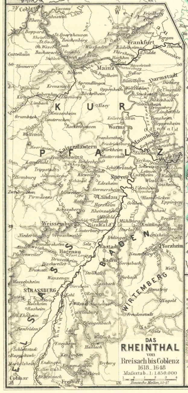 Detailiertes altes Kartenbild des Rheins in Deutschland mit Text oben und unten, das Flüsse, Städte und geografische Merkmale zeigt.