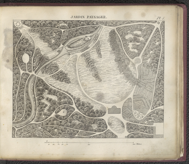 Ein altes Buch mit einer detaillierten Karte eines Parks auf dem Cover, das Bäume, Sträucher und andere Vegetation zeigt, sowie Textinformationen über den Park und seine Umgebung.