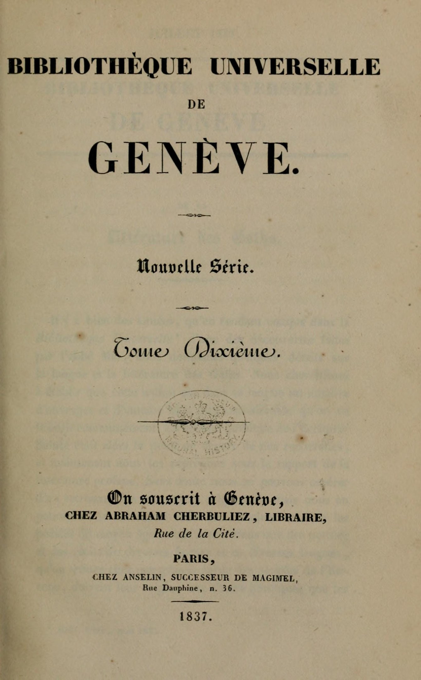 Altes Buch mit dem Titel 'Bibliothèque Universelle de Geneve' zeigt gedruckten Text im Inneren.
