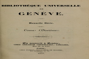 Altes Buch mit dem Titel 'Bibliothèque Universelle de Geneve' zeigt gedruckten Text im Inneren.