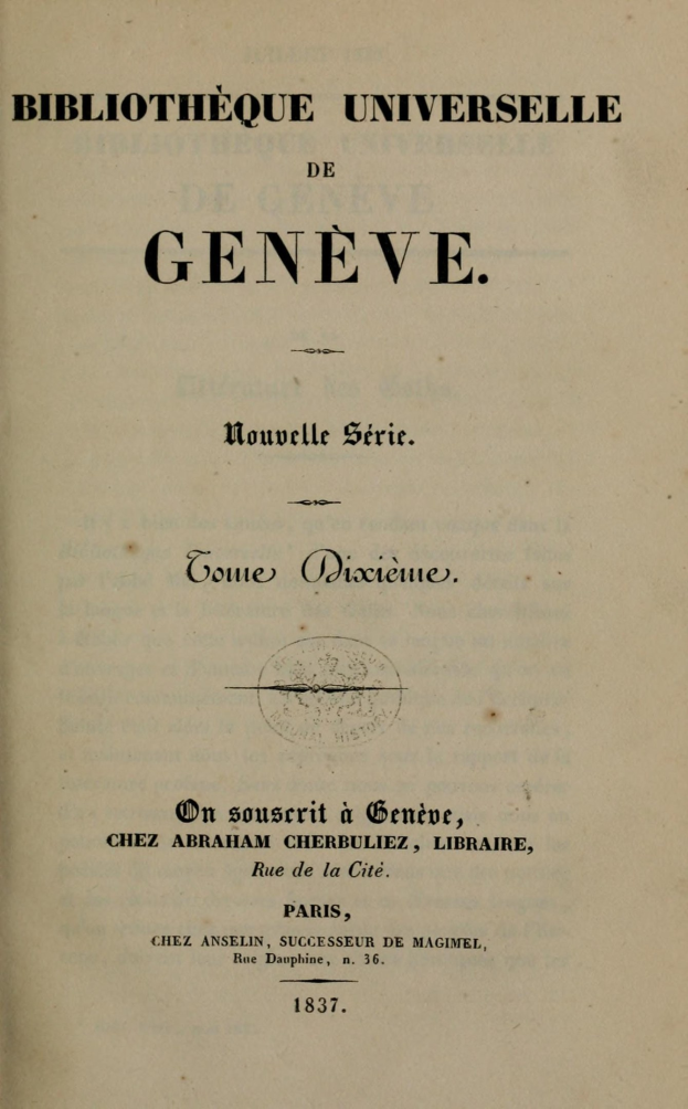Altes Buch mit dem Titel 'Bibliothèque Universelle de Geneve' zeigt gedruckten Text im Inneren.