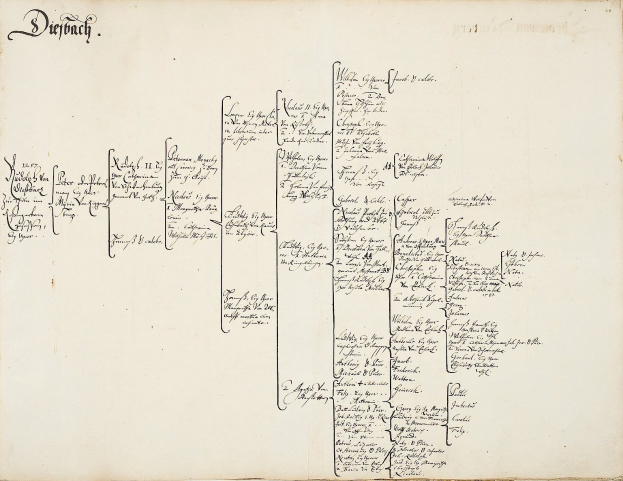 Offenes Buch mit handgeschriebener genealogischer Tafel einer deutschen Familie, mit detailliertem Text über Familienmitglieder und Abstammung.