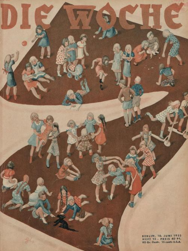 Deckblatt einer deutschen Zeitschrift aus Juni 1933 mit dem Titel "Die Woche", das Kinder beim Spielen in einem Kreis zeigt.