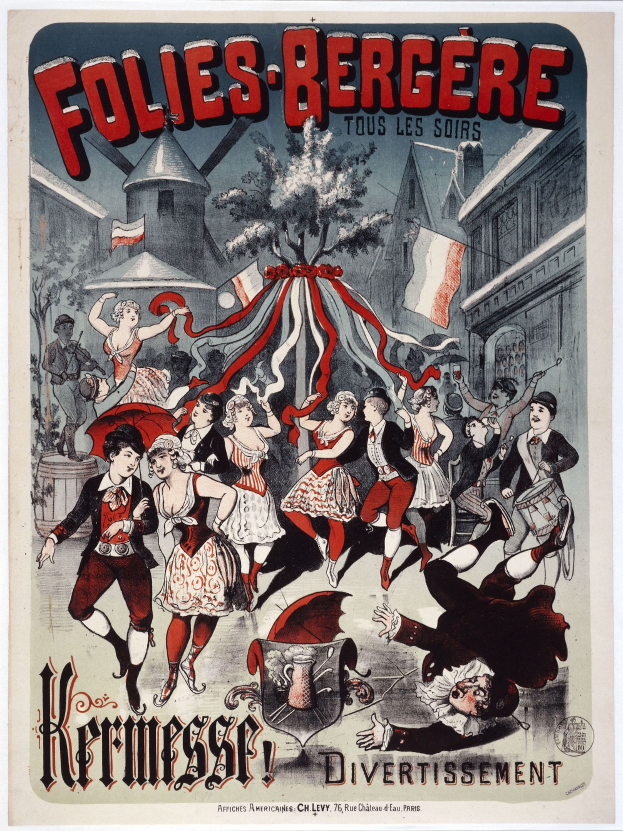 Ein Plakat für das Folies-Bergère-Festival in Paris, das eine Gruppe tanzender Menschen im Vordergrund zeigt, umgeben von Gebäuden, Flaggen und einem Baum, sowie französischem Text oben und unten.