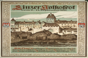 Ein altes Plakat, das ein Fest in Deutschland ankündigt, zeigt ein Schloss umgeben von Häusern mit Text.