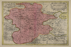 Eine alte Karte von Westfalen, Deutschland, mit den Provinzen des Königreichs England und Wales deutlich sichtbar, auf Papier gedruckt mit detaillierten Texten über die Region.
