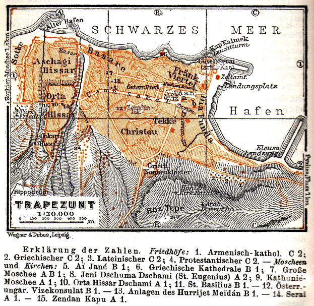 Ein detaillierter alter Stadtplan von Trapezunt, Deutschland, der Straßen, Gebäude, Landmarken und begleitenden Text zeigt, der die Bevölkerung, Straßen und Landmarken der Stadt beschreibt.