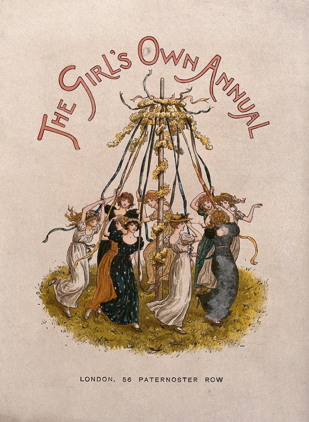 Illustration aus "The Girl's Own Annual", die Menschen beim Tanzen um einen geschmückten Maibaum zeigt, die bunte Kleider und Bänder tragen.