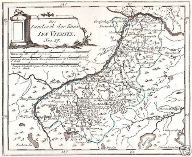 Plakat mit einem detaillierten Kartenbild des Rheins in Deutschland, mit beschrifteten Sehenswürdigkeiten und geografischen Merkmalen, neben Text und einem Bild einer Säule.