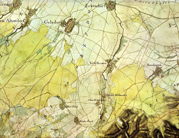 Detailiertes altes Stadtplan von Gelsenkirchen, Deutschland, zeigt Straßen, Gebäude und andere Merkmale mit Text oben und unten.