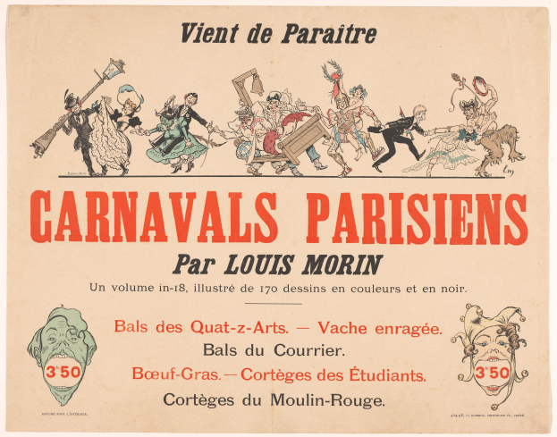 Ein Papier mit der Überschrift "Carnivals Parisiens par Louis Morin" in fetter Schrift, das farbenfrohe Illustrationen von Menschen in bunten Kostümen und Masken auf einer lebendigen Karnevalszenen zeigt.