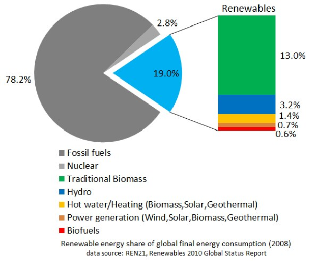 Tortendiagramm, das den globalen erneuerbaren Energieverbrauch im Jahr 2008 zeigt, aufgeteilt nach Energiequellen einschließlich fossiler Brennstoffe, Kernenergie, Wasserkraft, Warmwasser, Heizung, Biomasse, Solar, Geothermie und Biokraftstoffe.