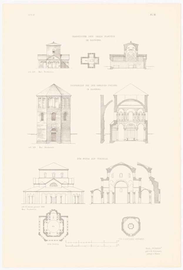 Eine Buchseite mit detaillierten architektonischen Zeichnungen verschiedener Gebäude, begleitet von beschreibendem Text über ihre Geschichte.