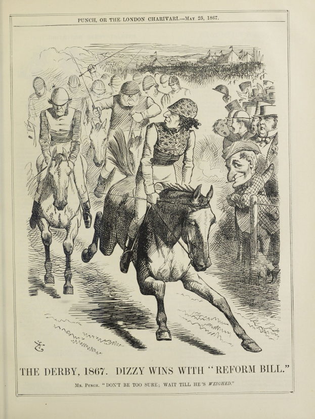 Buchumschlag mit einer Kastanienbraunen Stute mit weißer Blesse, schwarzer Mähne und Schweif sowie einem Jockey in einem blauen und weißen gestreiften Hemd und roter Mütze; Text lautet "The Derby, 1867, Dizzy Wins with Reform Bill".