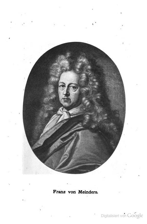 Schwarz-weiß-Porträt von Franz von Meinders, einem deutschen Komponisten mit langen Locken, und deutschem Text unten.