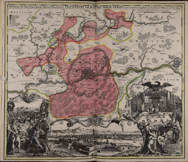 Ein abgegriffenes Buch mit einer alten Deutschlandkarte, umgeben von Abbildungen und Text.