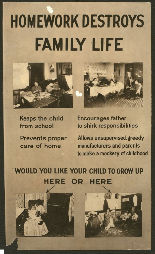 Plakat mit fettem Text "Hausaufgaben zerstören das Familienleben" zeigt eine vielfältige Gruppe von Menschen mit entschlossener Miene nach vorne.