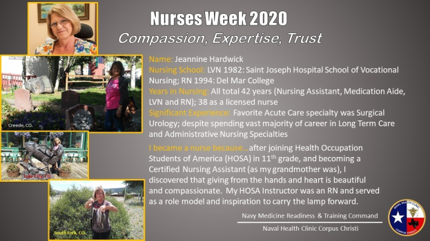 Plakat zur Nurses Week 2020 mit dem Motto "Mitgefühl, Expertise, Vertrauen", das mehrere Bilder von Pflegekräften und eine klare blaue und weiße Schrift auf einem beruhigenden Hintergrund zeigt.