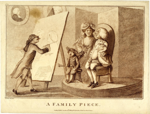 Familienporträt mit einem Mann links stehend, einer Frau in der Mitte auf einem Stuhl sitzend und zwei Kindern rechts sitzend, mit einer Uhr an der Wand im Hintergrund und Text unten.