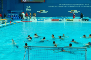 Eine Gruppe von Menschen, die Wasserball in einem Pool mit einem Netz spielen, Zuschauern und Tafeln mit dem Text "FINA World Championships 2015 Kazan" im Hintergrund.