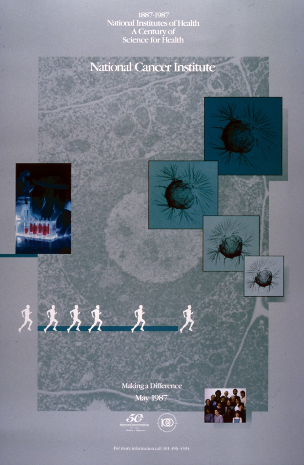 Buntes Plakat für das National Cancer Institute mit blauem Hintergrund und weißer Schrift, das einen Kreis aus überlappenden Bildern von strahlenden Menschen verschiedenen Alters, Geschlechts und Ethnien zeigt, die den fetten, großen Titel umgeben.