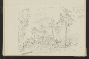 Ein offenes Skizzenbuch zeigt eine Zeichnung von Menschen, die in einem üppigen Dschungel mit hohen Bäumen, einem tiefblauen Himmel und verstreuten weißen Wolken unter einer strahlenden Sonne stehen.