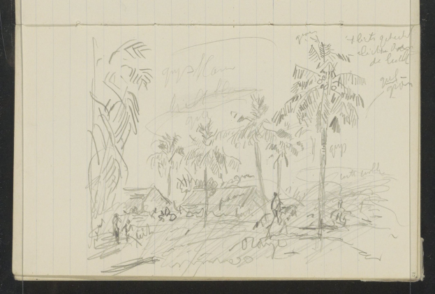 Ein offenes Skizzenbuch zeigt eine Zeichnung von Menschen, die in einem üppigen Dschungel mit hohen Bäumen, einem tiefblauen Himmel und verstreuten weißen Wolken unter einer strahlenden Sonne stehen.