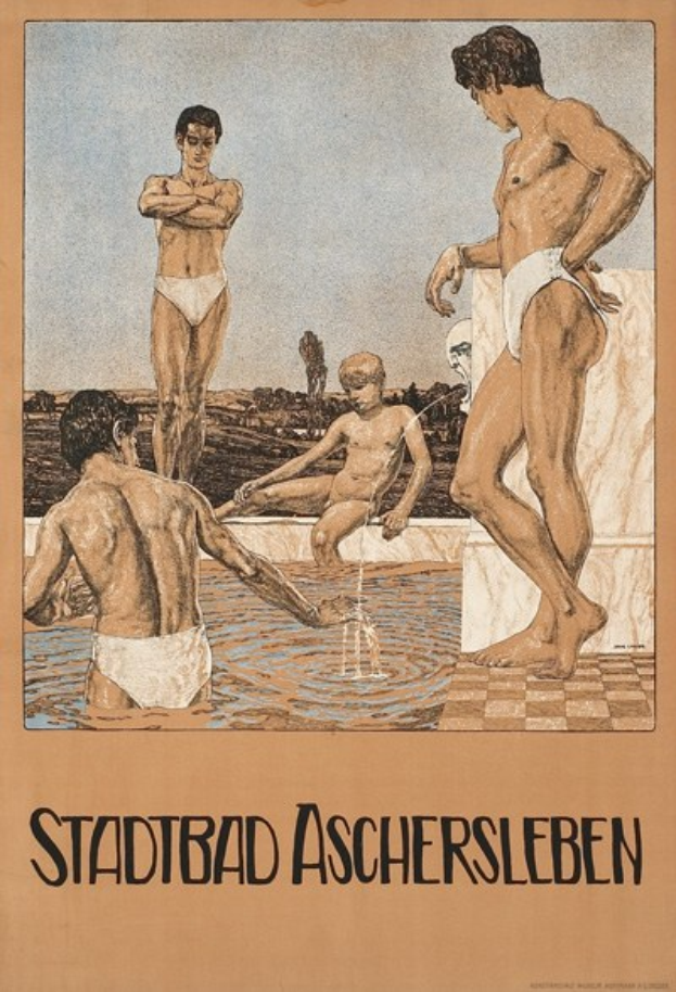 Plakat wirbt für ein Schwimmbad in Aschersleben, Deutschland, das Menschen zeigt, die im Wasser stehen und sitzen, mit Text über die Annehmlichkeiten des Bades.