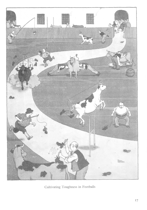 Schwarze und weiße Illustration von Menschen und Tieren auf einem Feld mit einer Wand und Fenstern im Hintergrund, betitelt "Züchtung von Härte im Fußball" unten.