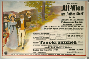 Alter deutscher Filmplakat für "Alt-Wien am Rother Stadt", das einen Mann und eine Frau vor einer Kulisse aus Bäumen, Hügeln und Himmel zeigt, mit Text, der Filminformationen enthält.